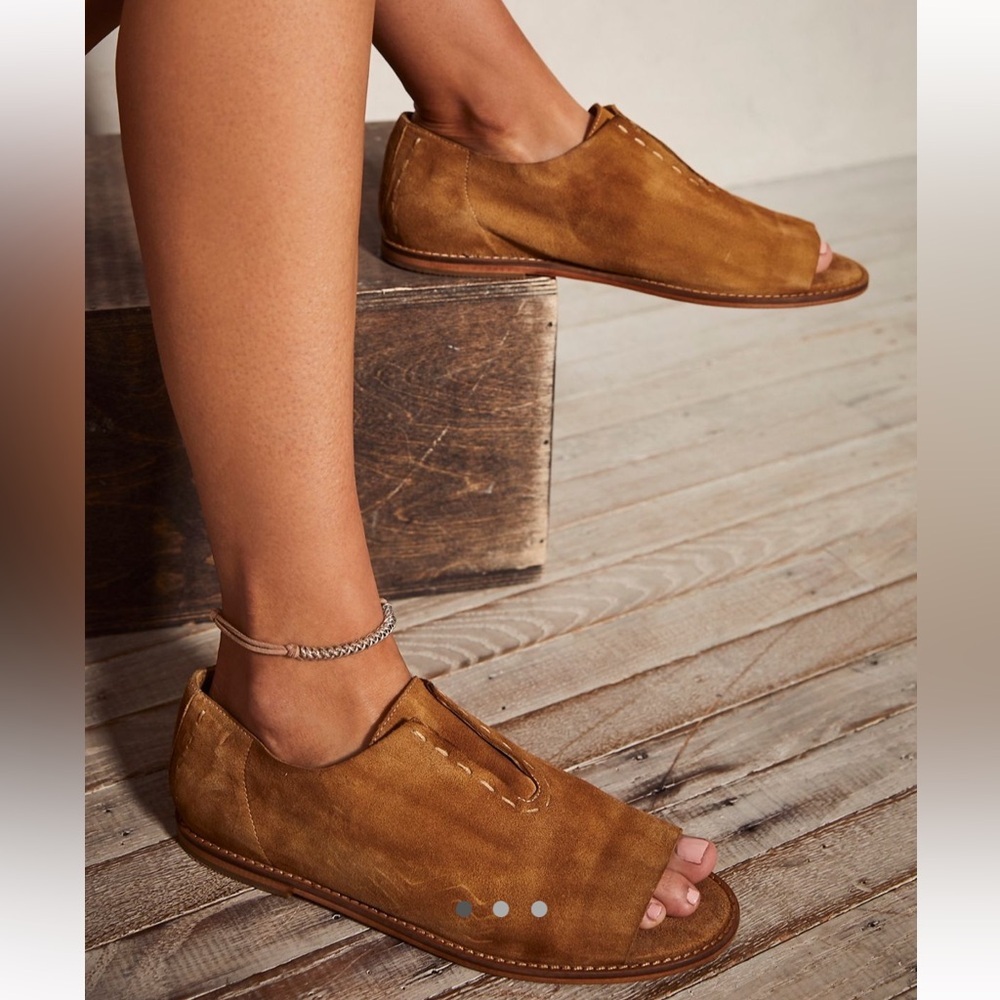Free People Tan Rogue Oxford Slip-On Leather Sandals Open-Toe Flats Sz 7 - Picture 1 of 10